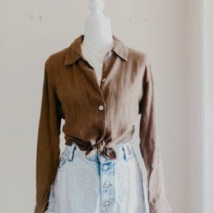 Vintage Brown 100% Linen Button Down Shirt Blouse